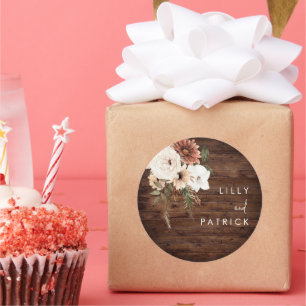 Boho Fall Floral Terracotta Wedding Rustic Wood Classic Round Sticker