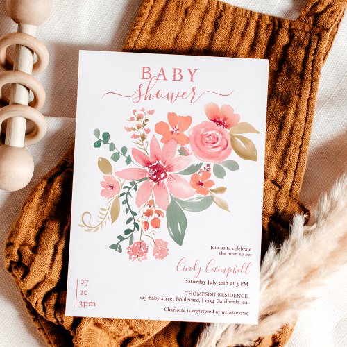 Boho fall floral watercolor baby shower invitation