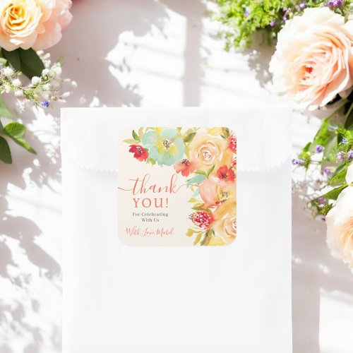 Boho Fall floral watercolor bridal shower thanks Square Sticker