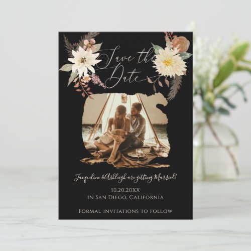 BOHO Fall Floral Watercolor Photo Black w Script Save The Date