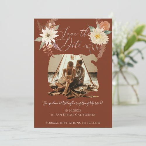BOHO Fall Floral Watercolor Photo Burnt Orange Save The Date