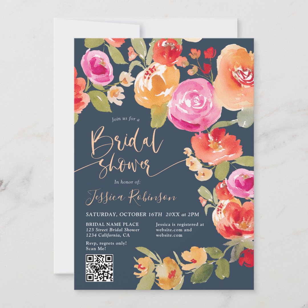 Boho Fall floral watercolor QR blue bridal shower                    Invitation