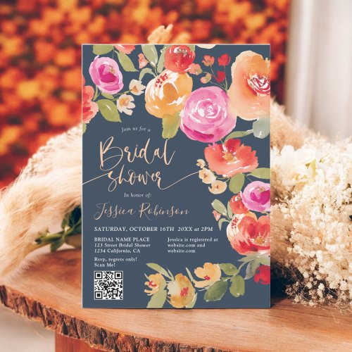 Boho Fall floral watercolor QR  blue bridal shower Invitation