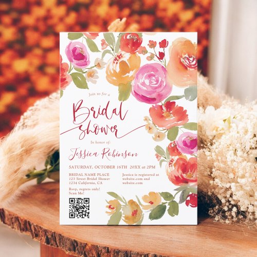 Boho Fall floral watercolor QR bridal shower Invitation