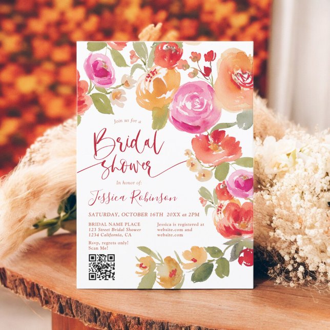 Boho Fall floral watercolor QR bridal shower Invitation (Boho Fall floral watercolor QR bridal shower Invitation)