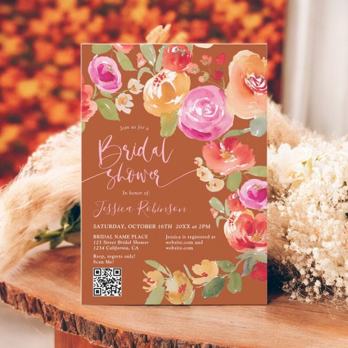 Boho Fall floral watercolor QR chic bridal shower Invitation