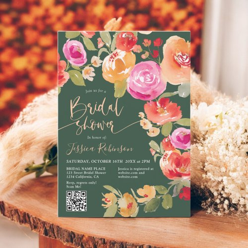 Boho Fall floral watercolor QR green bridal shower Invitation