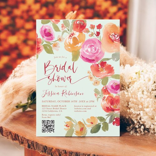Boho Fall floral watercolor QR mint bridal shower Invitation