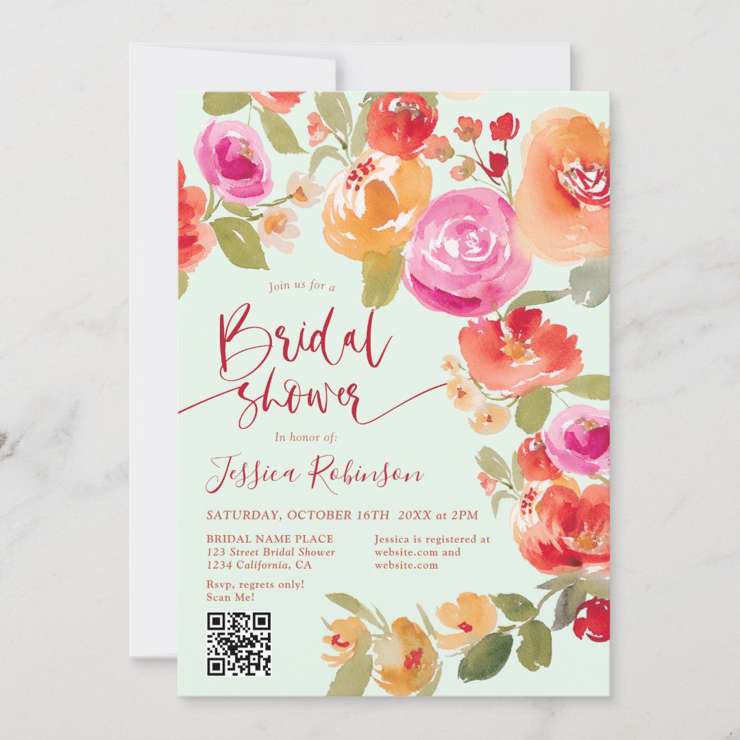 Boho Fall floral watercolor QR mint bridal shower                    Invitation