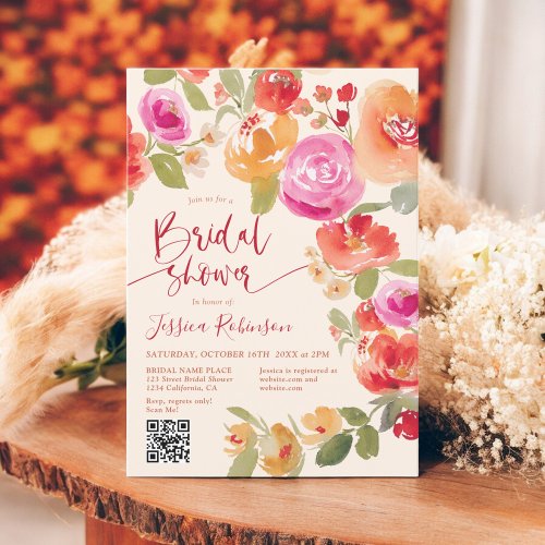 Boho Fall floral watercolor QR peach bridal shower Invitation