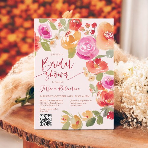 Boho Fall floral watercolor QR pink bridal shower Invitation