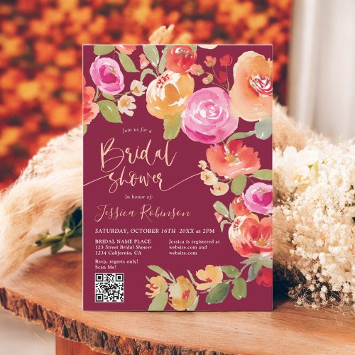Boho Fall floral watercolor QR red bridal shower Invitation