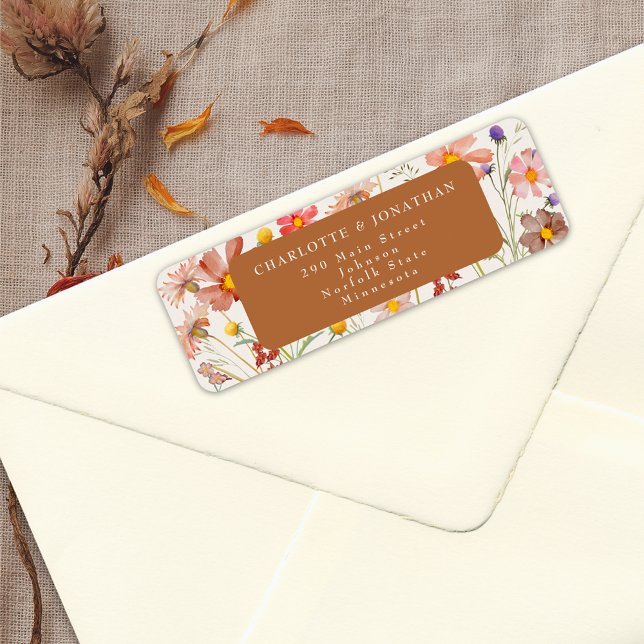 Boho Fall Floral Wedding Label (Elegant boho fall floral wedding return address label watercolor wildflowers burnt orange beige)