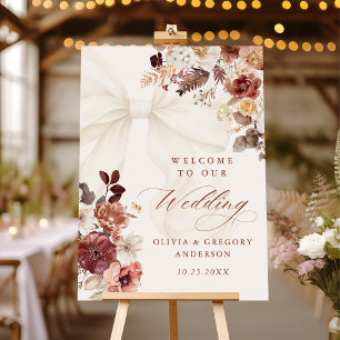 Boho Fall Floral White Bow Wedding Welcome Sign