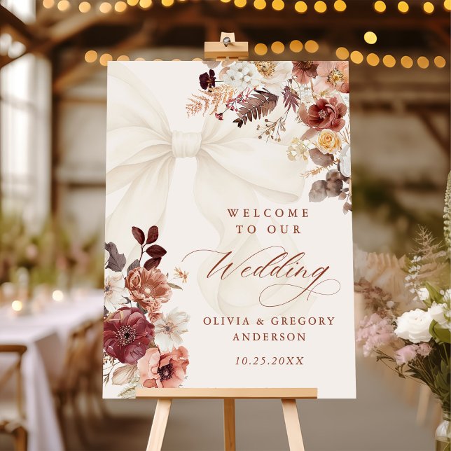 Boho Fall Floral White Bow Wedding Welcome Sign (Creator Uploaded)