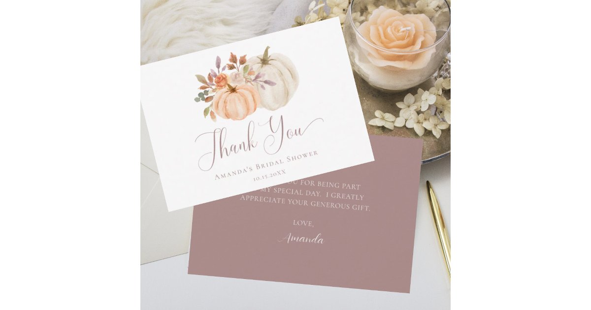Boho Fall Floral White Pumpkin Bridal Shower Thank You Card | Zazzle