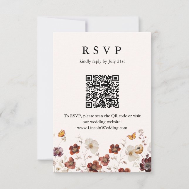 Boho Fall Florals Butterfly Wedding QR Code RSVP (Front)