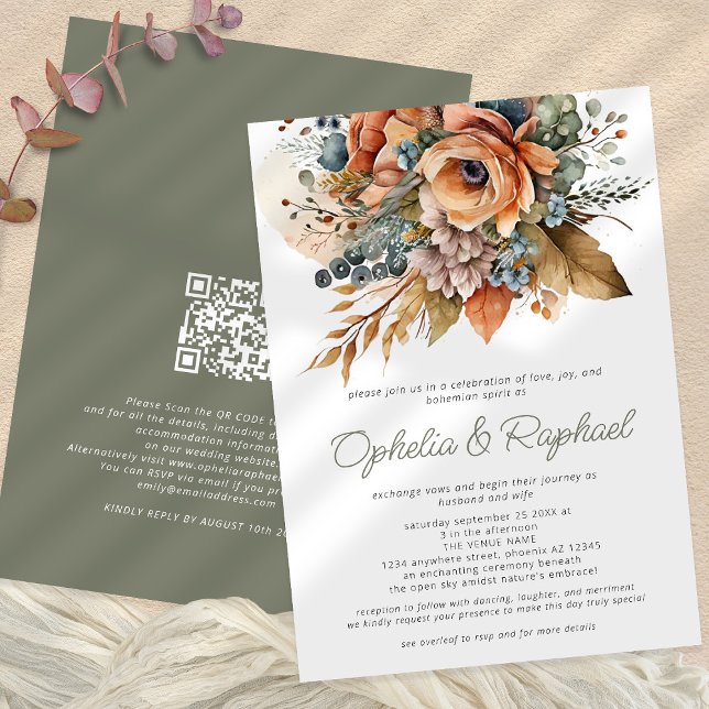 Boho Fall Florals Sage Bohemian Wedding Invitation (Front and back)