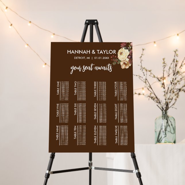 Boho Fall Flowers 12 Table Wedding Seating Chart  Foam Board (In Situ (Stand))