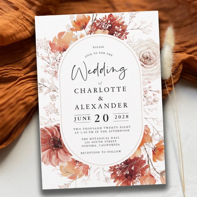 Boho Fall Foliage Wedding Terracotta Rust Flowers  Invitation (Creator Uploaded)