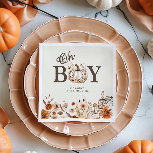 Boho Fall Ghost Floral Oh Boy Baby Shower  Napkins (Creator Uploaded)