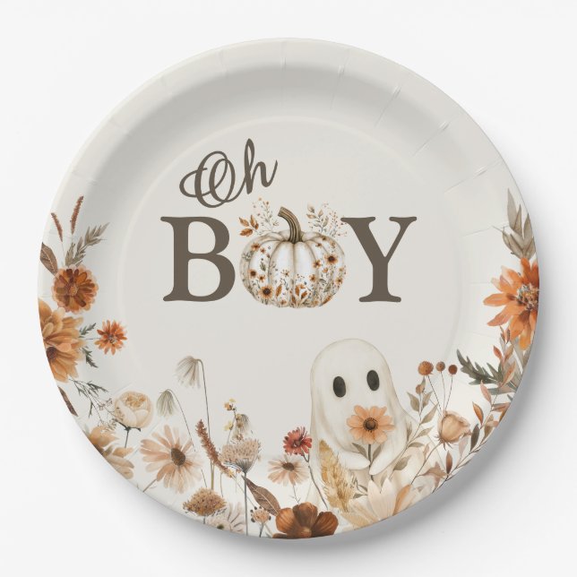Boho Fall Ghost Floral Oh Boy Baby Shower  Paper Plates (Front)