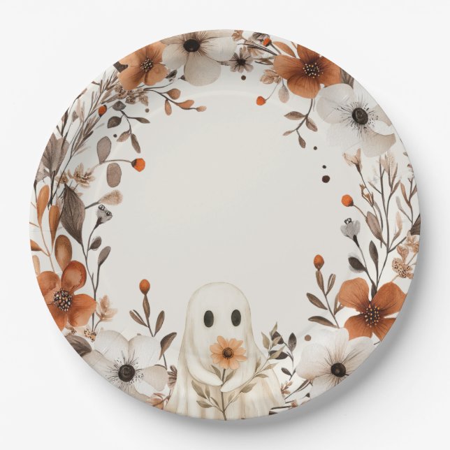 Boho Fall Ghost Floral Oh Boy Baby Shower  Paper Plates (Front)