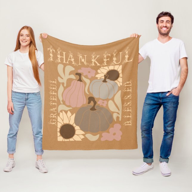 Boho Fall Grateful Thankful Blessed Thanksgiving Fleece Blanket (In Situ)
