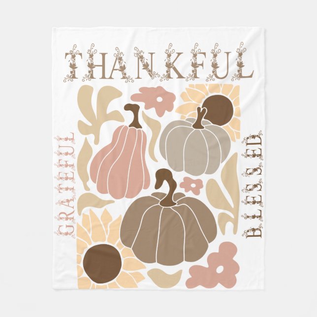Boho Fall Grateful Thankful Blessed Thanksgiving Fleece Blanket (Front)