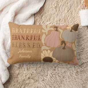 Boho Fall Grateful Thankful Blessed Thanksgiving Lumbar Pillow
