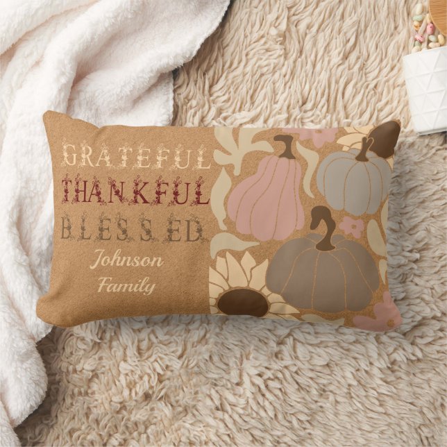 Boho Fall Grateful Thankful Blessed Thanksgiving Lumbar Pillow (Blanket)