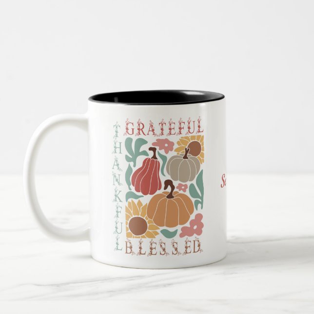Boho Fall Grateful Thankful Blessed Thanksgiving Two-Tone Coffee Mug (Left)