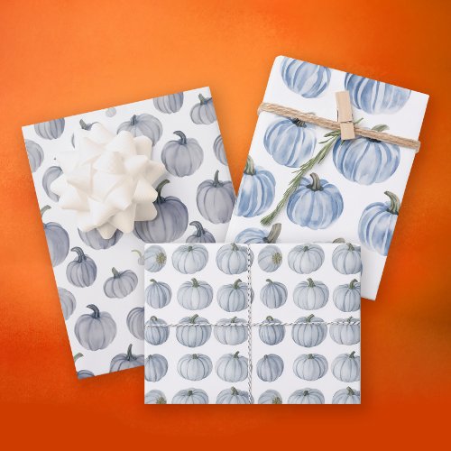 Boho Fall Grey Pastel Blue Pumpkin Watercolor Wrapping Paper Sheets