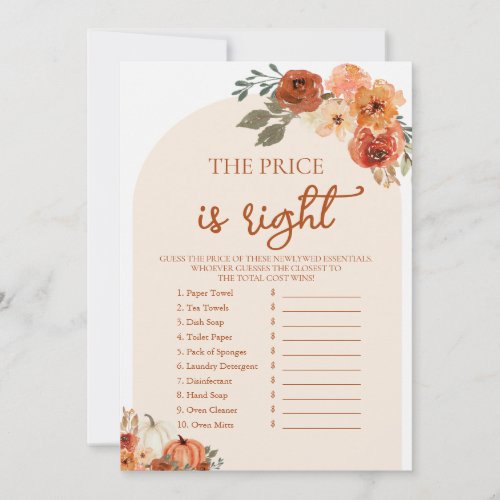 Boho Fall Guess the Right Price Bridal Shower Game Invitation