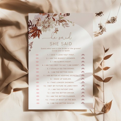 Boho fall He said she said bridal shower game