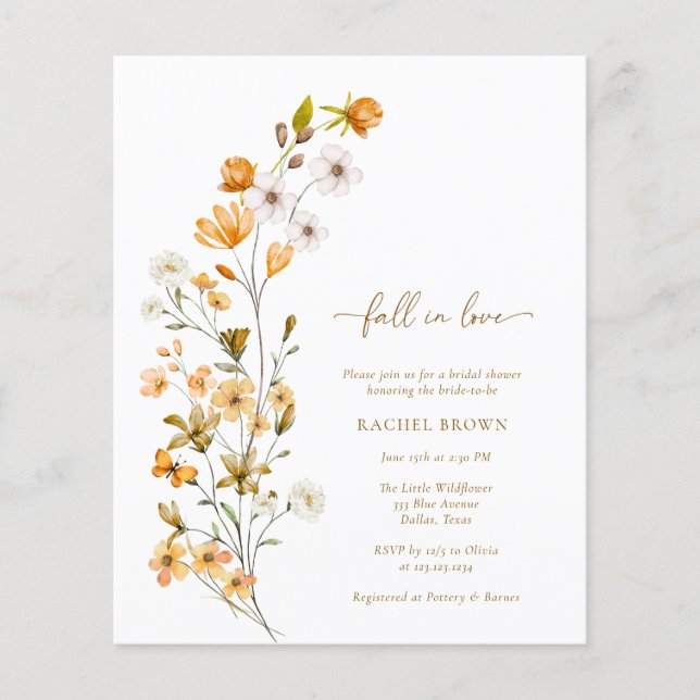Boho Fall In Love Budget Bridal Shower Invitation (Front)