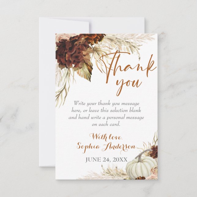 Boho Fall In Love Flora Burnt Orange Bridal Shower Thank You Card (Front)