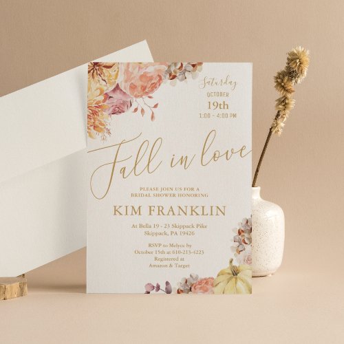 Boho Fall in Love Floral and Gold Bridal Shower Invitation