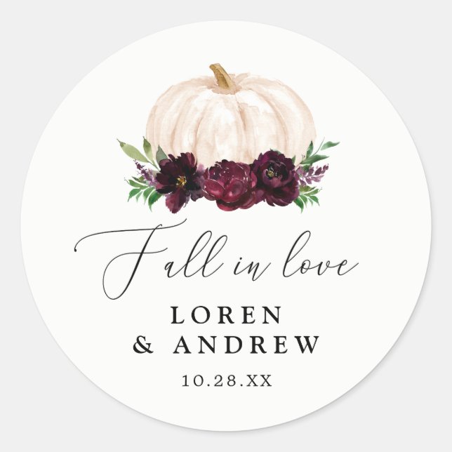 Boho Fall In Love Floral Pumpkin Wedding Classic Round Sticker (Front)