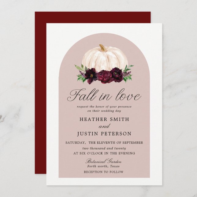 Boho Fall In Love Floral Pumpkin Wedding Invitation (Front/Back)