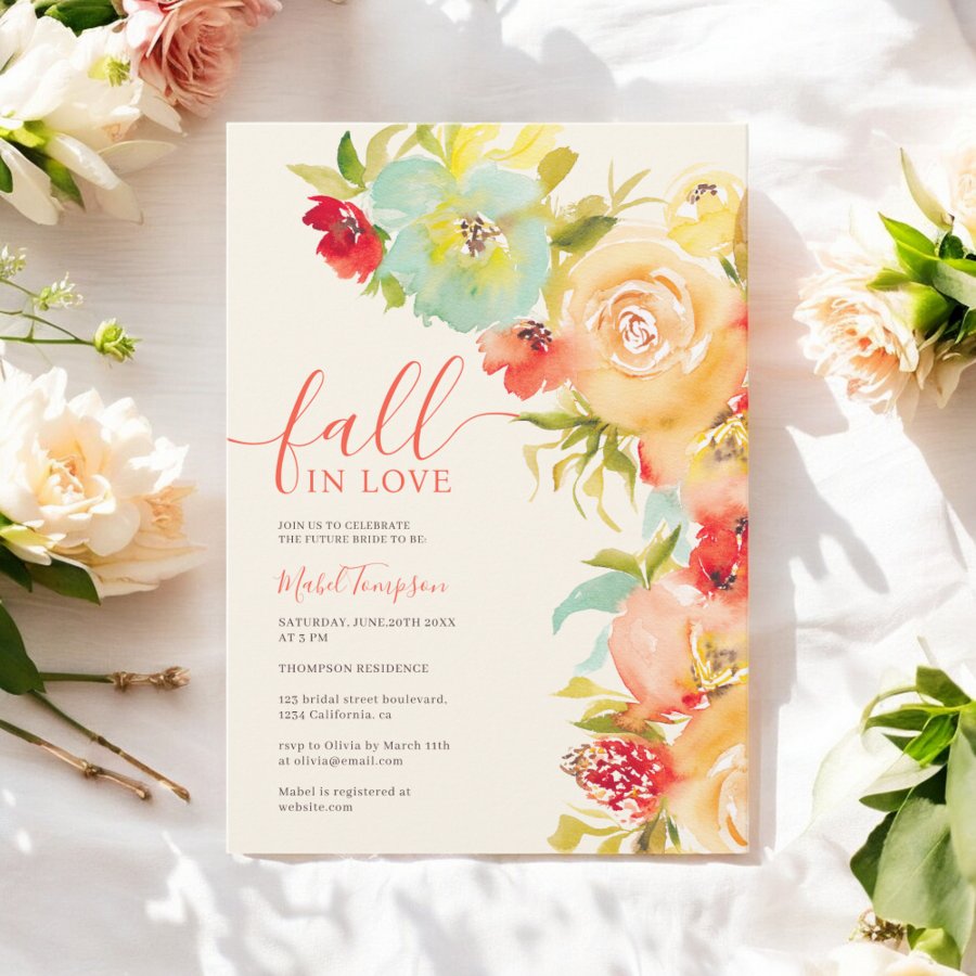 Boho Fall in love floral watercolor bridal shower Invitation