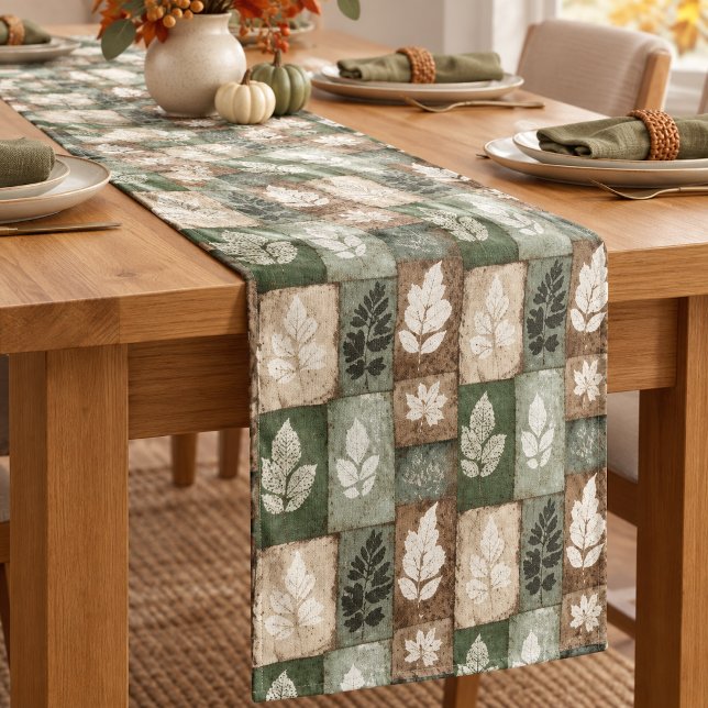 Boho Fall Leaves Sage Earthy Brown Pattern Short Table Runner (Creator Uploaded)