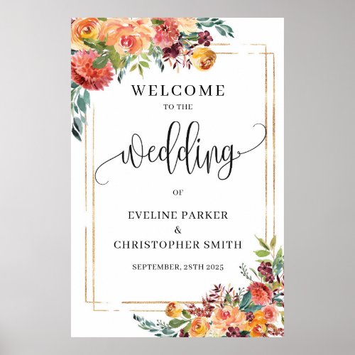 Boho Fall marigold gold frame welcome sign poster