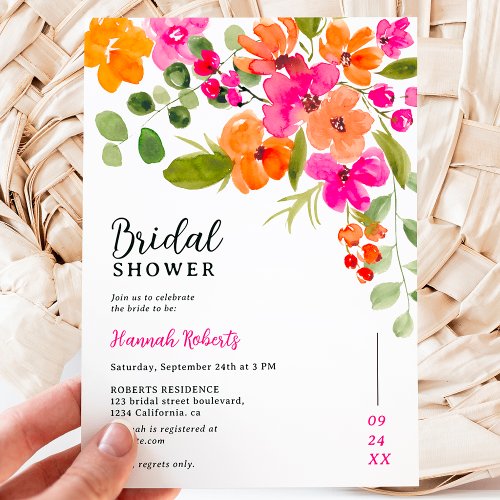 Boho fall orange floral watercolor bridal shower invitation