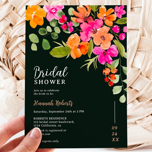 Boho fall orange floral watercolor bridal shower invitation