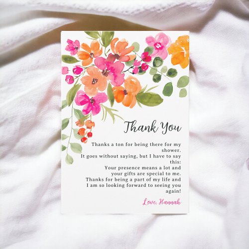 Boho fall orange floral watercolor bridal shower thank you card