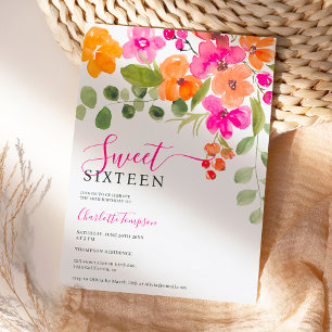 Boho fall orange floral watercolor Sweet 16 Invitation