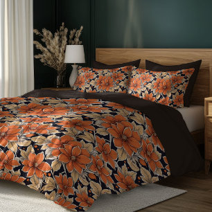 Boho fall orange terracotta flowers light brown duvet cover