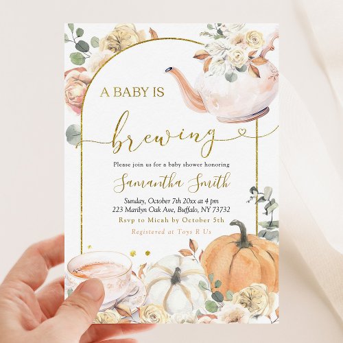 Boho Fall Orange White Pumpkin A Baby Is Brewing Invitation