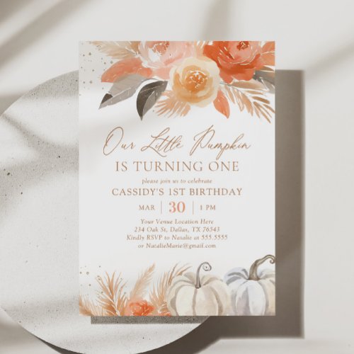 Boho Fall Pampas Grass Pumpkin 1st Birthday Invitation